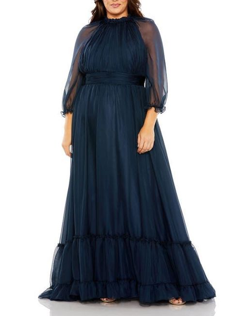 Mac Duggal Women's Blue Plus High Neck Puff Sleeve Tiered A Line Gown