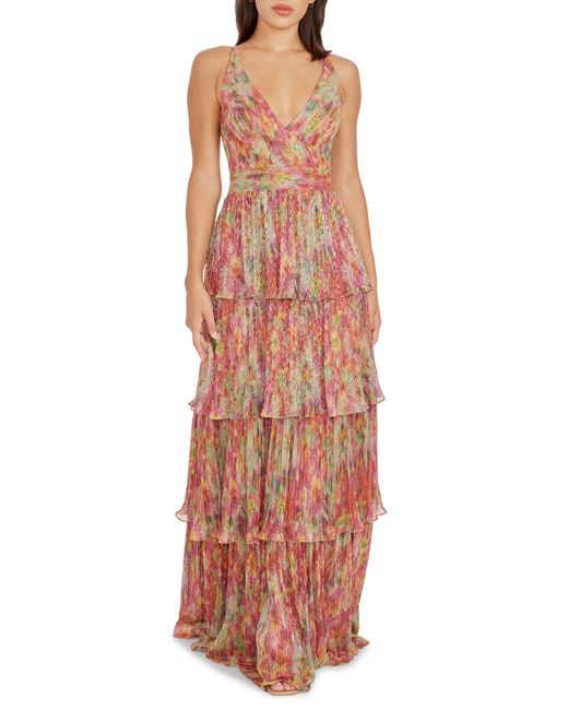 Dress the Population Orange Lorain Abstract Print Metallic Tiered Gown