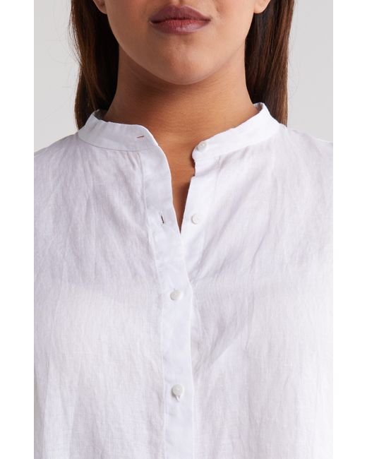 Eileen Fisher White Band Collar Short Sleeve Organic Linen Button-up Shirt