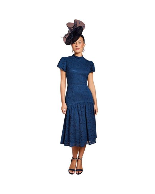 Coast Lace Frill Sleeve High Neck Midi Dress in Blue | Lyst