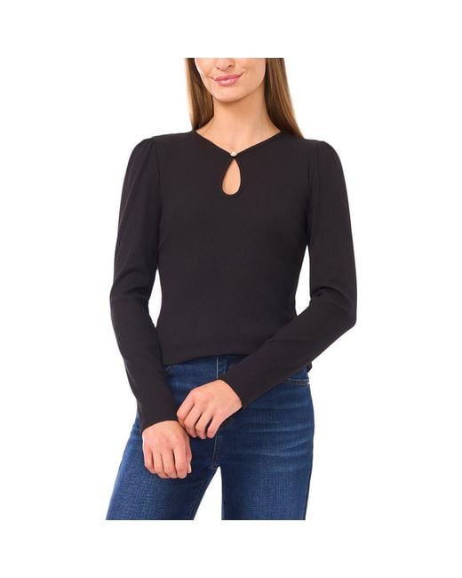 Cece Black Keyhole Rib Top