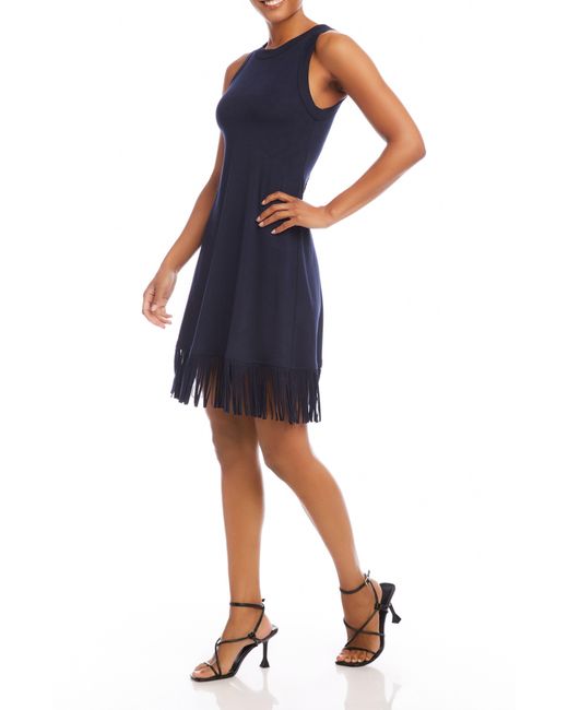 Karen Kane Blue Fringe Trim Sleeveless Jersey Dress