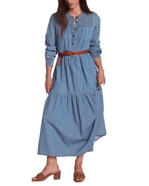 Boden Blue Smock Detail Long Sleeve Cotton Chambray Midi Dress