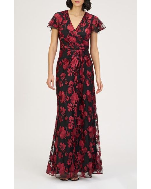 JS Collections Fauna Floral Embroidered Flutter Sleeve Gown