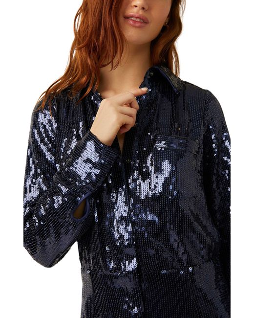Free People Blue Sophie Sequin Long Sleeve Shirtdress