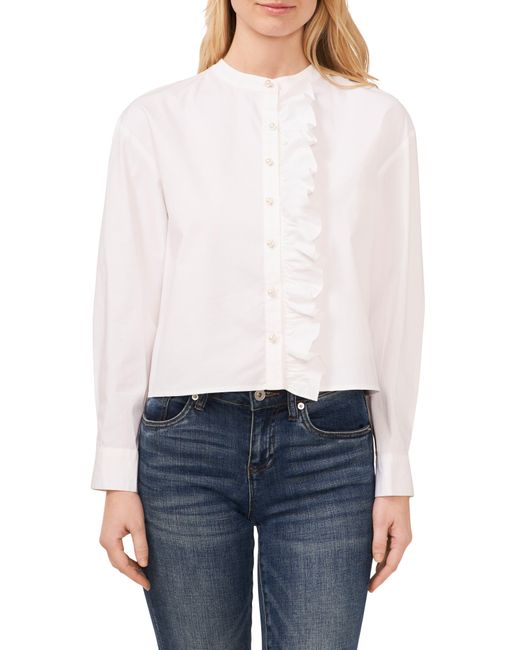 Cece White Imitation Pearl Detail Stretch Cotton Poplin Button-up Shirt