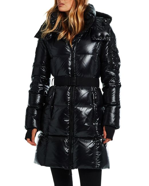 Sam. Black Noho Glossy Belted Down Puffer Coat With Removable Hood