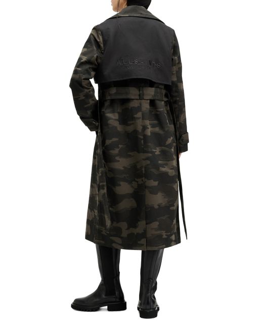 AllSaints Black Mixie Tie Waist Double Breasted Camo Trench Coat
