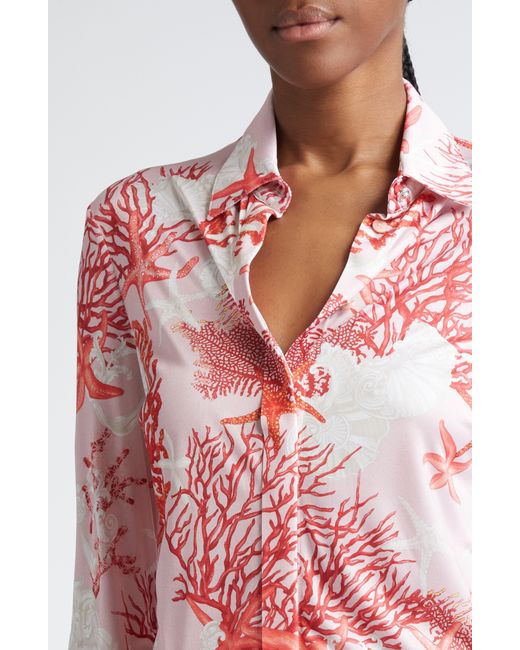 Versace Pink Holiday Print Jersey Button-up Shirt