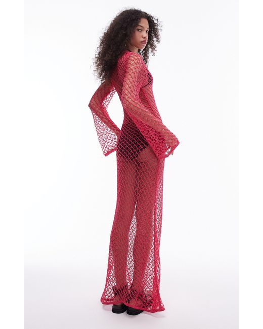 TOPSHOP Red Long Sleeve Net Maxi Dress
