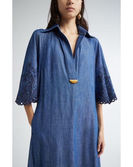 Zimmermann Blue Coco Embroidered Denim Caftan Dress