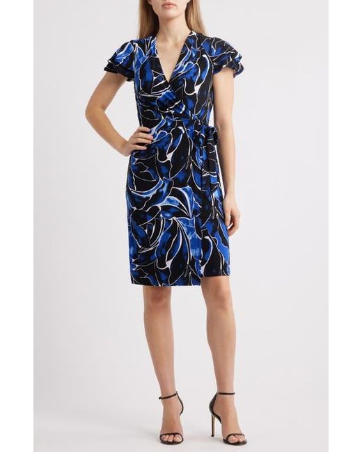 Anne Klein Blue Abstract Print Flutter Sleeve Wrap Dress