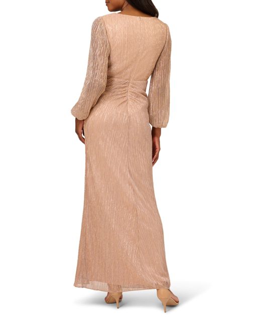 Adrianna Papell Natural Metallic Long Sleeve Mesh Evening Gown