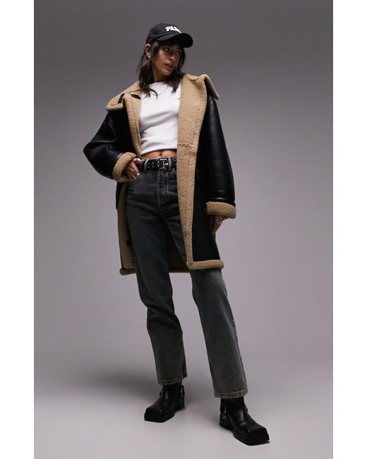 Faux Leather & Faux Shearling Car Coat in Gray Lyst