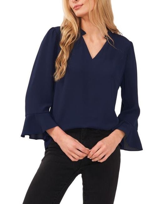 Cece Blue Ruffle Cuff Crepe Top