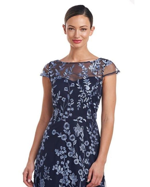 JS Collections Meredith Floral Embroidery A-Line Dress in Blue | Lyst