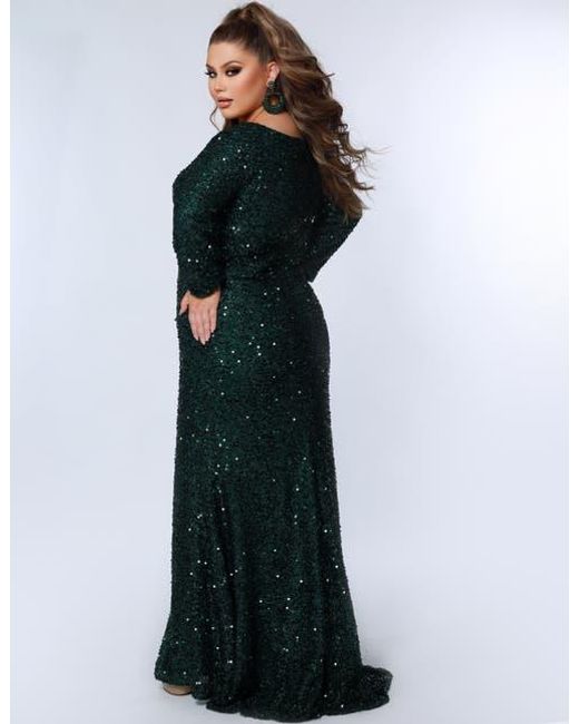 Sydney's Closet Black Long Sleeve Fitted Scoop Neck Sequin Plus Size Gown