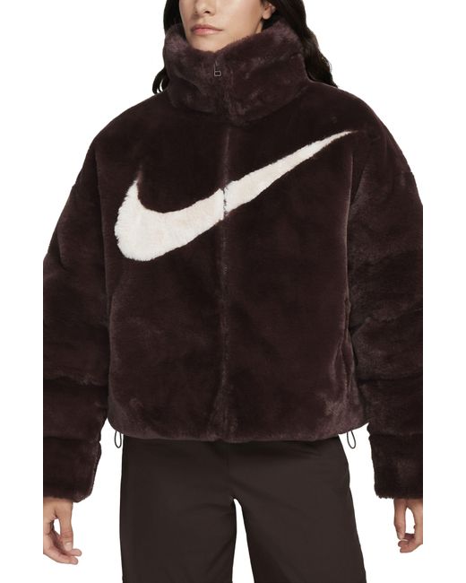 Nike Oversize Faux Fur Puffer Jacket in Black | Lyst