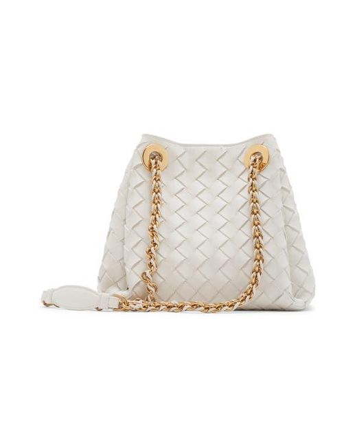 Bottega Veneta White Small Parachute Chain Intrecciato Leather Shoulder Bag