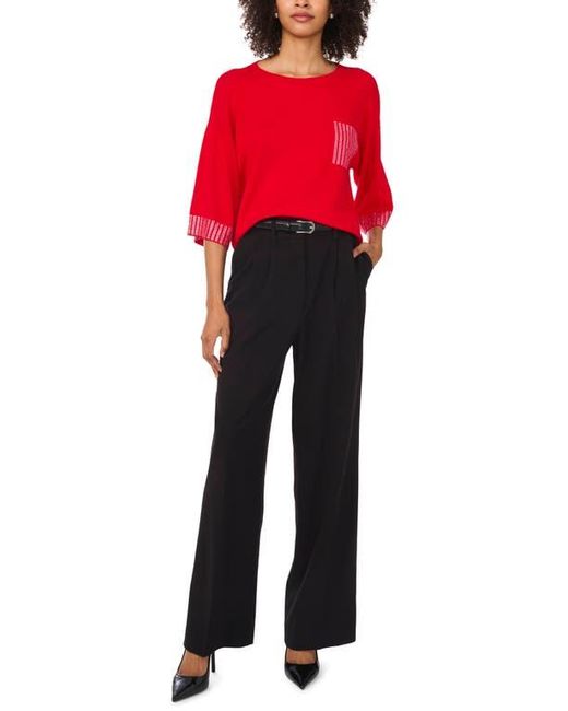 Vince Camuto Red Embellished Trim Three-Quarter Sleeve Sweater