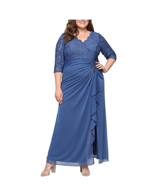 Alex Evenings Blue Beaded Lace Bodice Empire Waist Gown