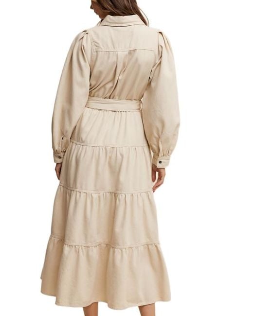 Knit & Lounge Natural Tiered Belted Bishop Sleeve Maxi Shirt Dress