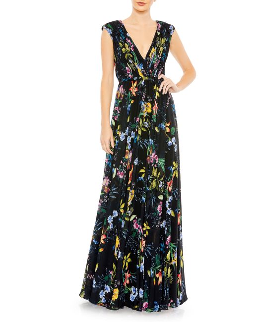 Mac Duggal Black Floral Pleated Sleeveless Gown