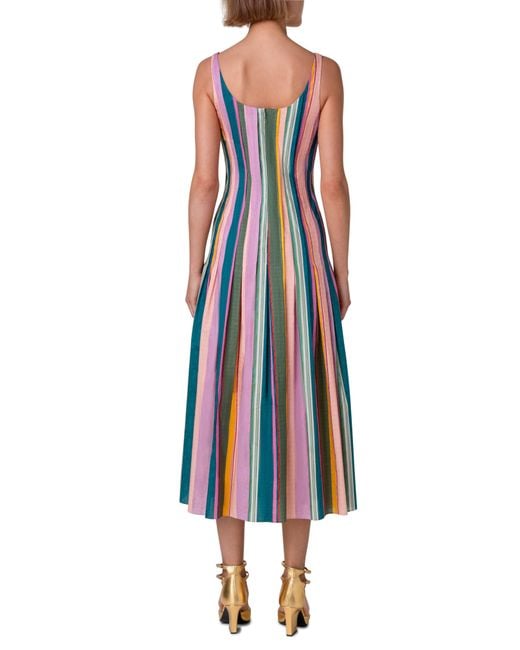 Akris Punto Multicolor Multistripe Scoop Neck Midi Dress