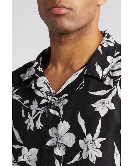 Nordstrom Black Brushed Floral Short Sleeve Button-up Linen Camp Shirt for men