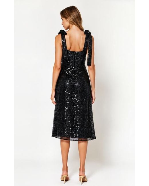 Modenaire Black Sequin Midi Dress With Tie Straps And Square Neckline