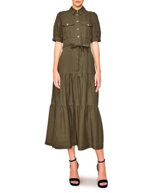 MELLODAY Green Puff Sleeve Linen Blend Maxi Shirtdress