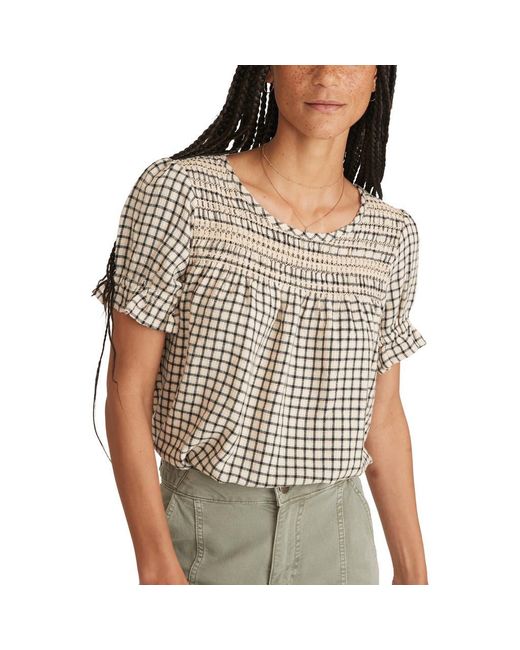 Marine Layer Brown Elena Windowpane Plaid Smocked Yoke Top