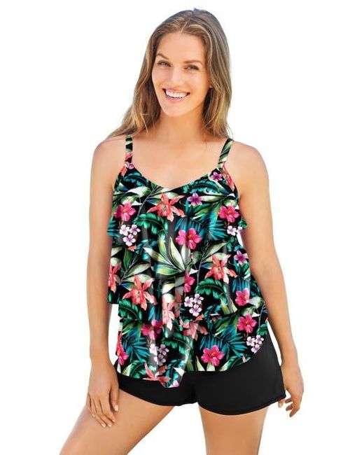 Swim 365 Black Longer-Length Tiered-Ruffle Tankini Top