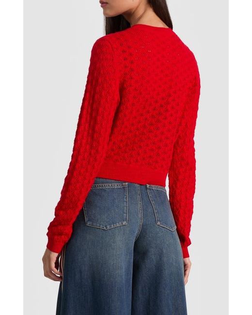 Alice + Olivia Red Dollie Pointelle Wool Blend Bow Accent Cardigan