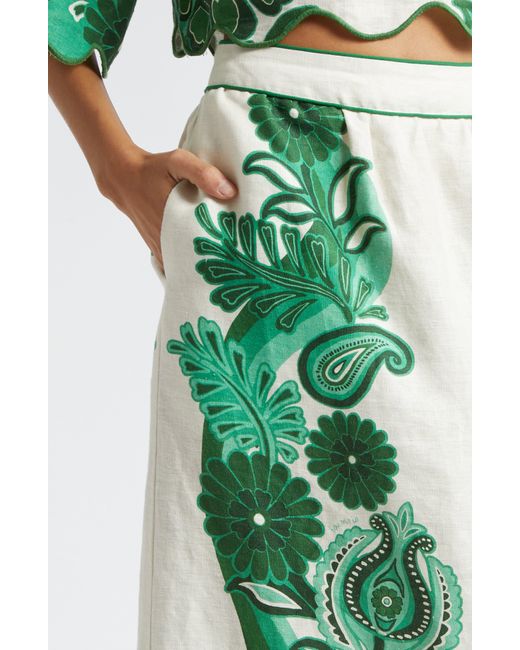 Farm Rio Green Festival Floral Linen Midi Skirt