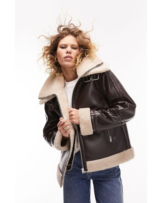 Faux Leather Aviator Jacket With Faux Fur Trim in Blue Lyst
