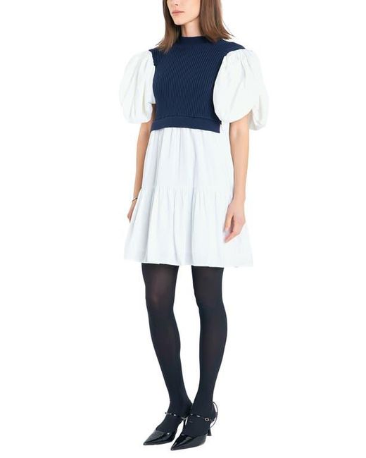 English Factory Blue Puff Sleeve Mixed Media Sweater Dress