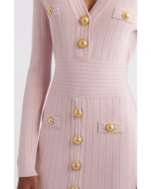 Balmain Pink Button Detail Long Sleeve Rib Sweater Dress