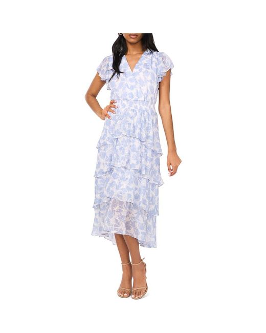 Halogen® Blue Metallic Floral Flutter Sleeve Maxi Dress