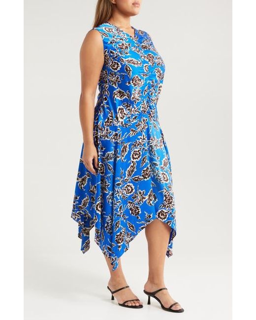 MELLODAY Blue Floral Print Ruched Handkerchief Hem Dress