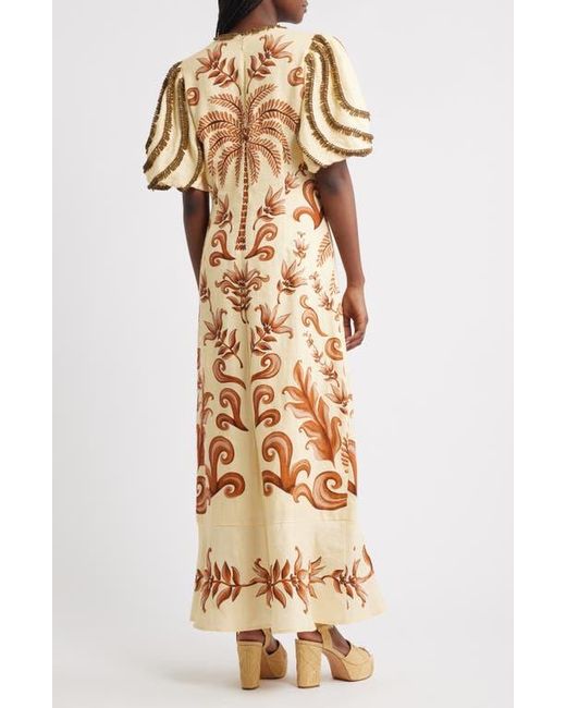 FARM Rio Milani Bead Trim Mixed Print Linen Maxi Dress in Metallic | Lyst