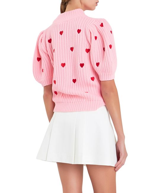 English Factory Pink Heart Embroidered Puff Sleeve Sweater