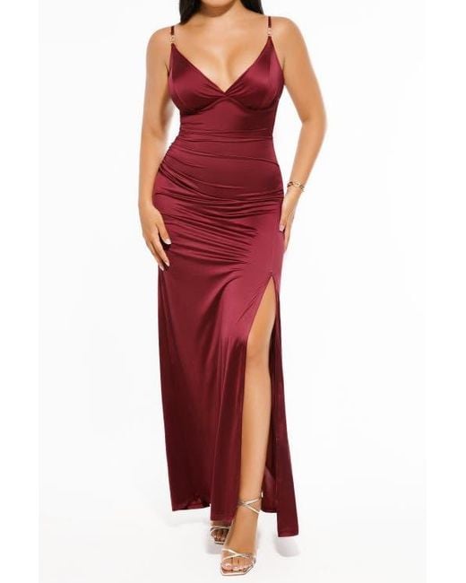 Popilush Shapewear Satin Deep-V Front Slit Maxi Date Night Shapewear Dress  in Red | Lyst
