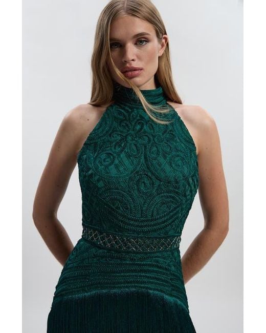 Karen Millen Green Beaded Halter Neck Woven Maxi Dress