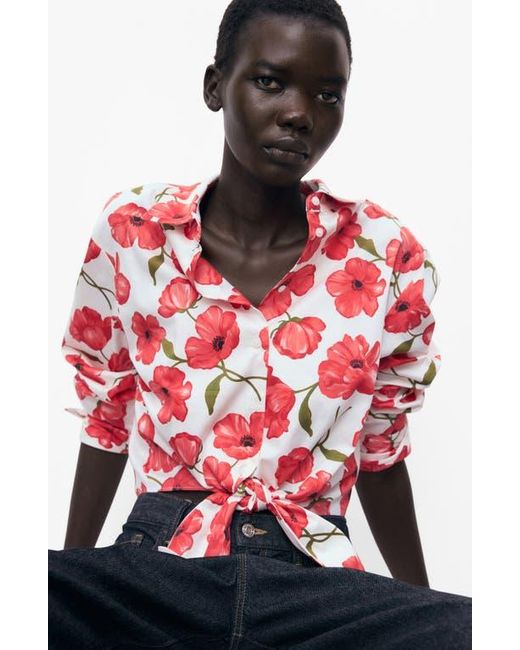 Mango Red Floral Print Cropped Button-Up Shirt