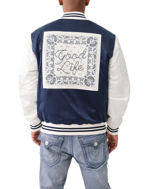 True Religion Blue Souvenir Satin Snap-up Varsity Jacket for men