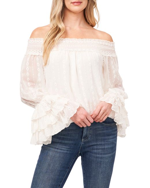 Cece Smocked Off The Shoulder Chiffon Blouse in White | Lyst