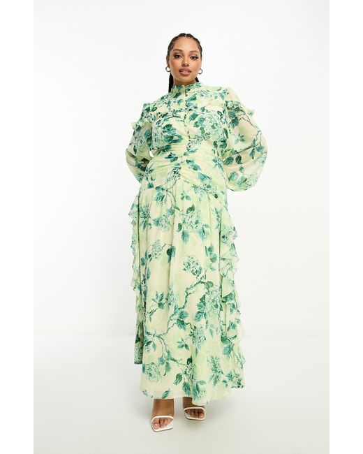 ASOS Curve Floral Ruched Bodice Long Sleeve Maxi Dress in Green | Lyst