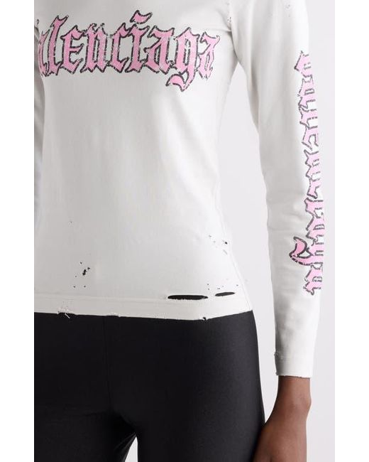 Balenciaga White Blackletter Script Distressed Fitted Graphic T-Shirt