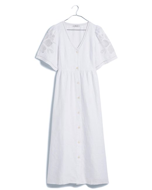 Madewell White Cassie Openwork Detail Linen Button-front Midi Dress